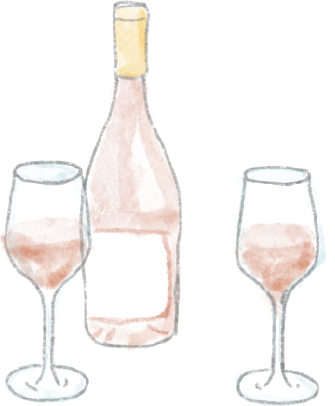 Watercolour illustration of a rosé bottle with two glasses