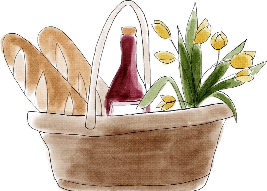 Watercolour illustration of a picnic basket filled with provisions
