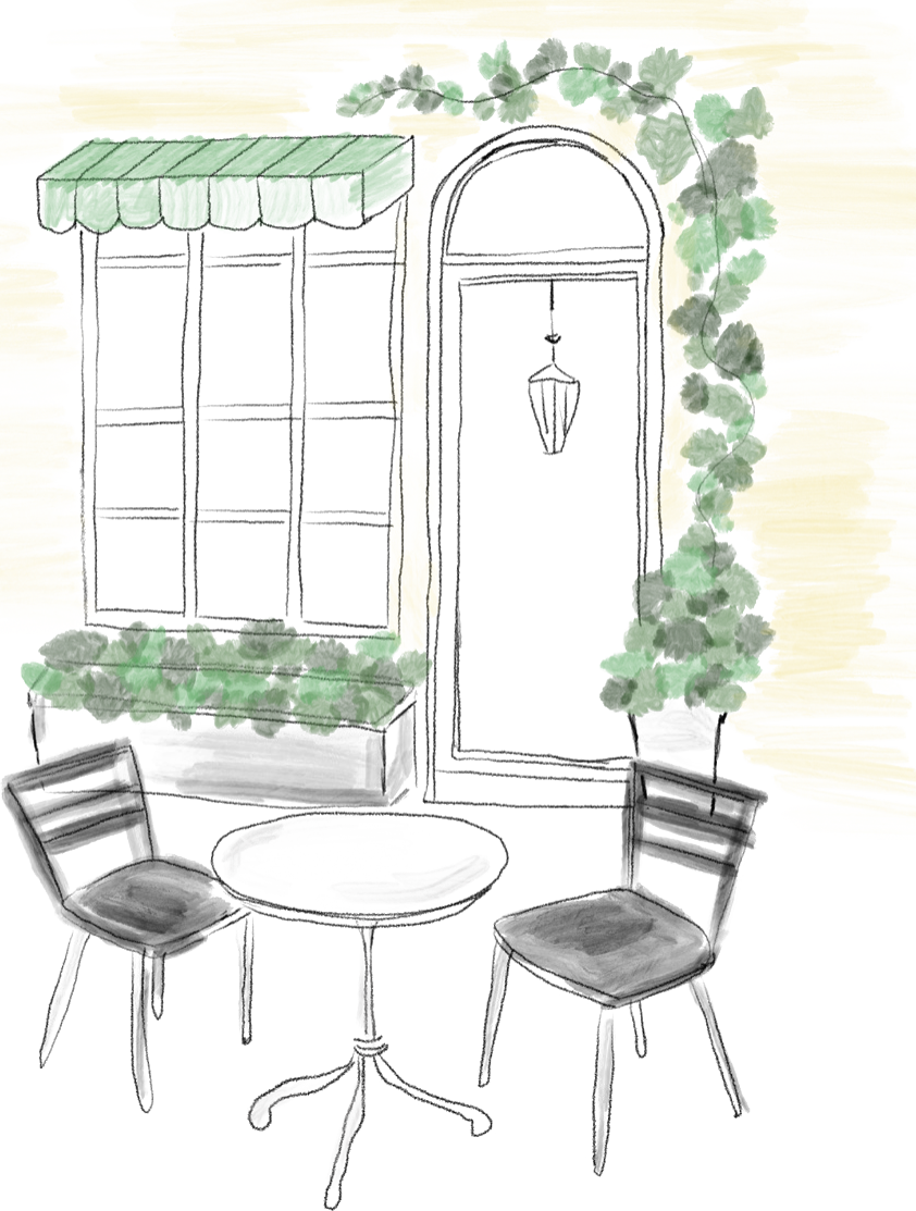 Watercolour illustration of the shop facade